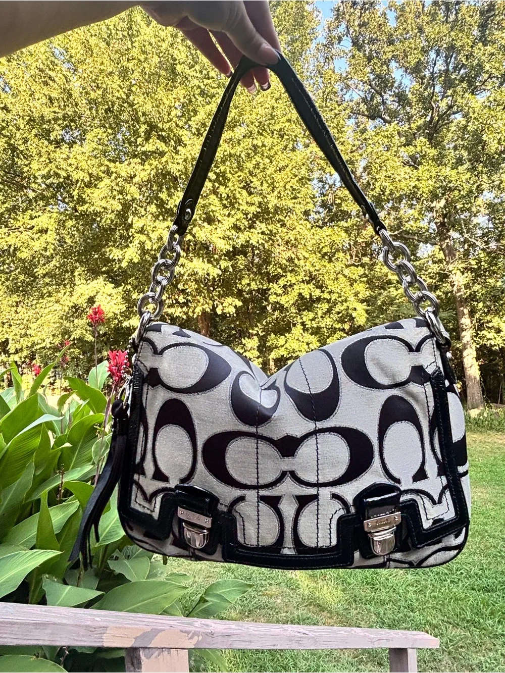 Coach Black and White Signature Logo Shoulder Bag